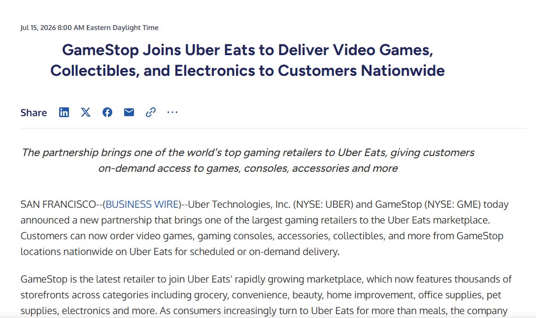 [閒聊] GameStop與Uber Eats合作 外送遊戲/手把