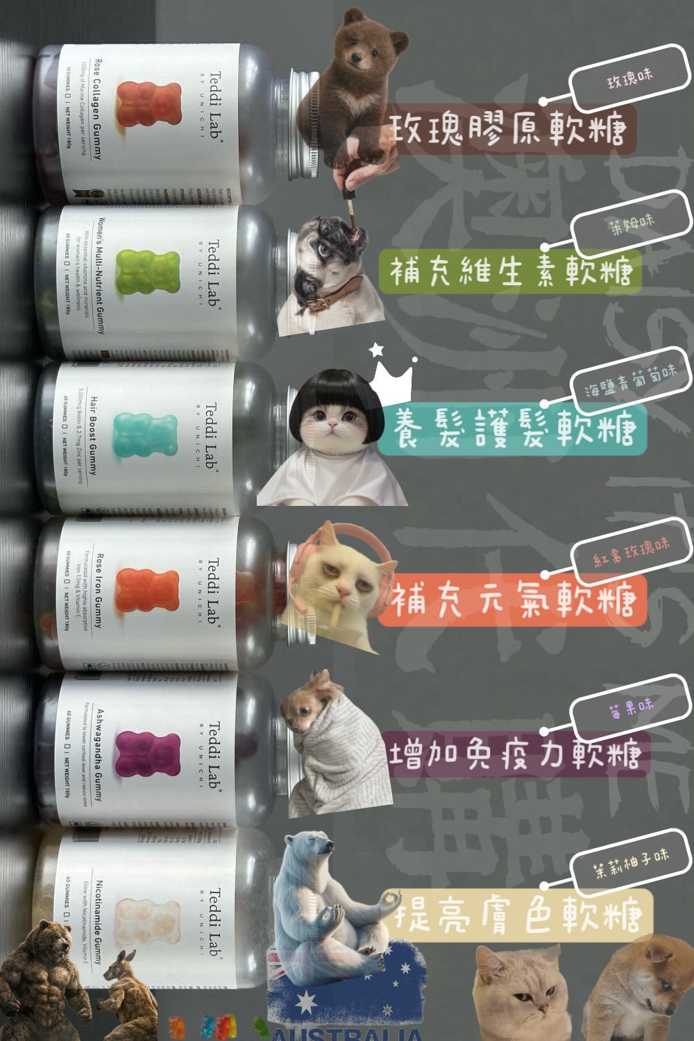 圖一）Teddi Lab的軟糖口味+一堆奇怪迷因動物
圖二）看起來很好吃，但一天只能吃兩顆 
圖三、圖四）謝謝Gemini ，是正常的保健品介紹。
但是！不只這些
你穿的到用得到吃得到 
都～有～代～