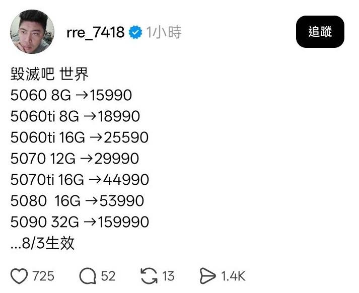Re: [閒聊] NV顯卡經通路證實最多漲20%！
