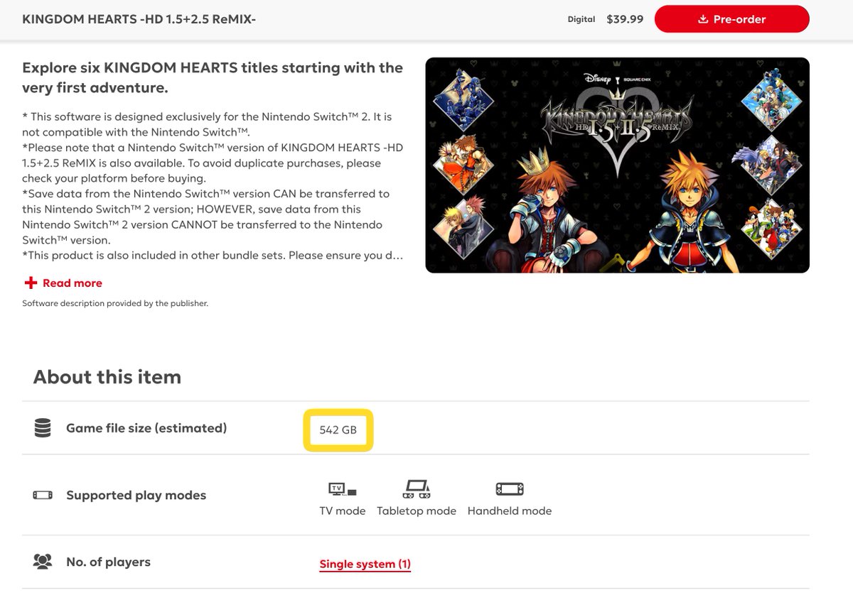 [閒聊] eShop 王國之心合集檔案大小為 542 GB